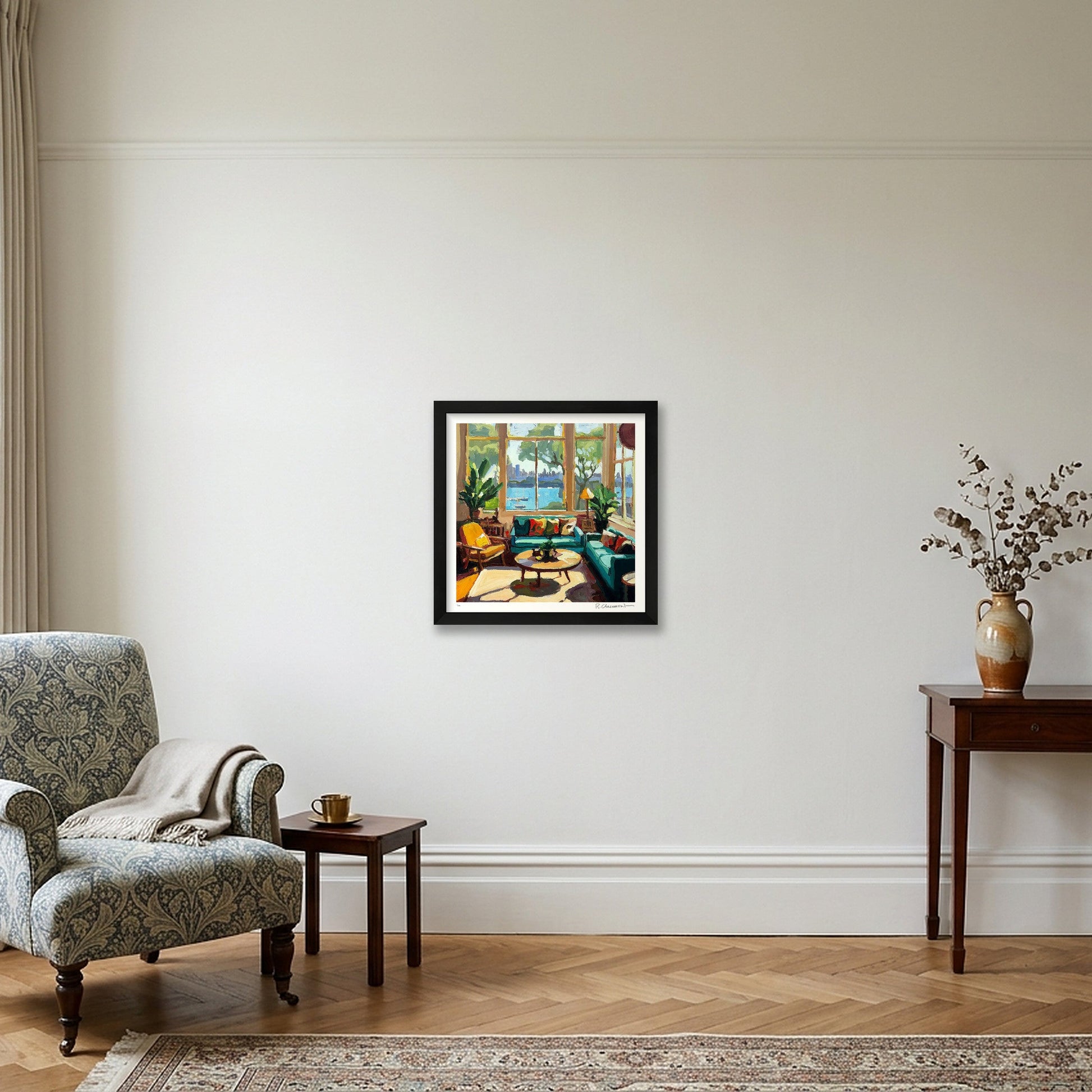 Harbour View With Green Couch — 30×30cm, 12×12" Black Frame