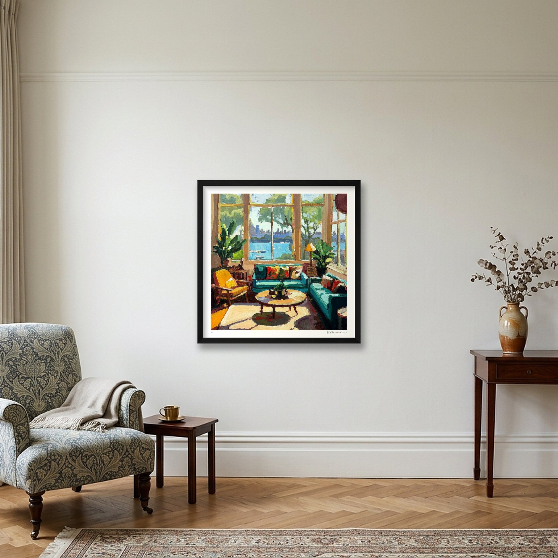 Harbour View With Green Couch — 50×50cm, 20×20" Black Frame