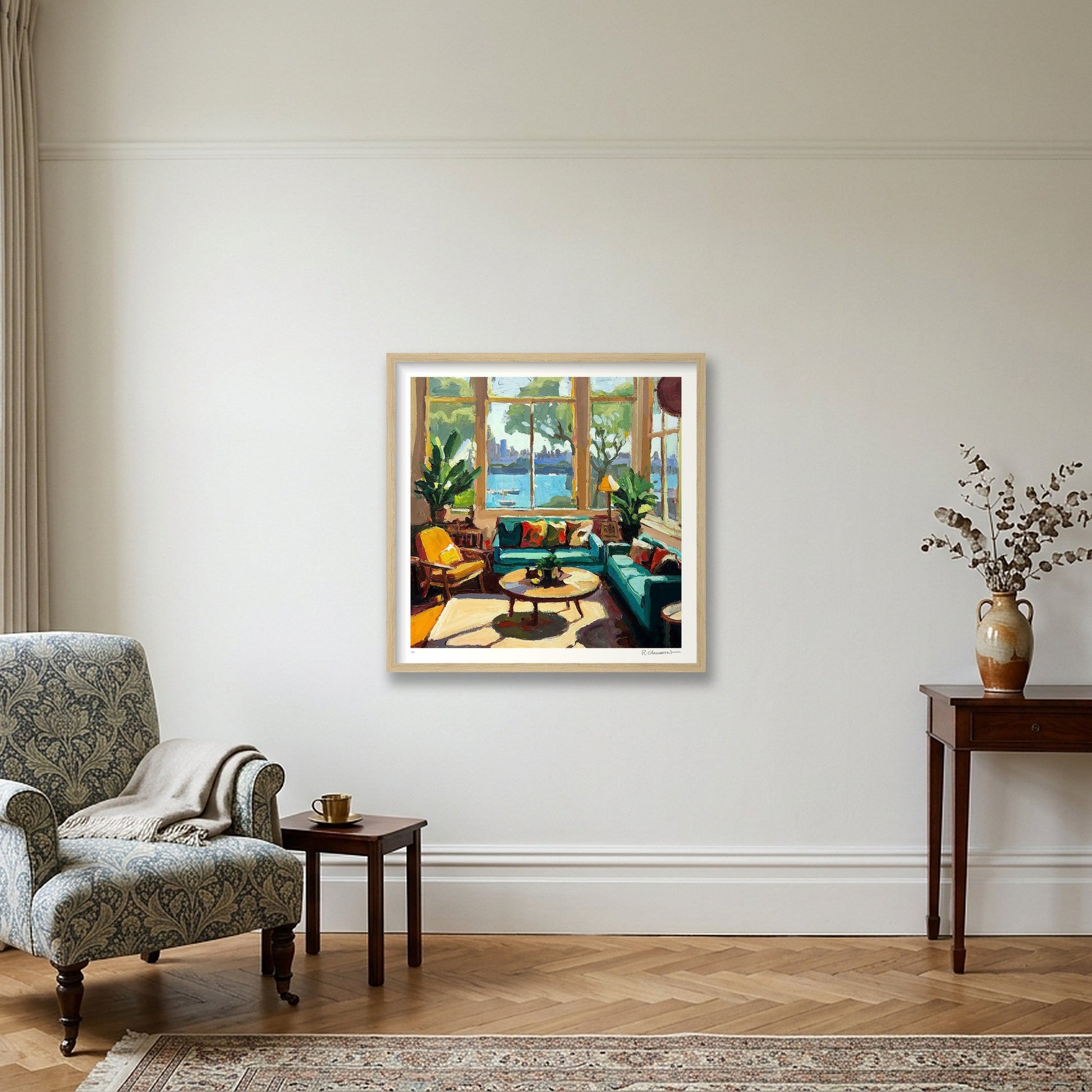 Harbour View With Green Couch — 50×50cm, 20×20" Oak Frame