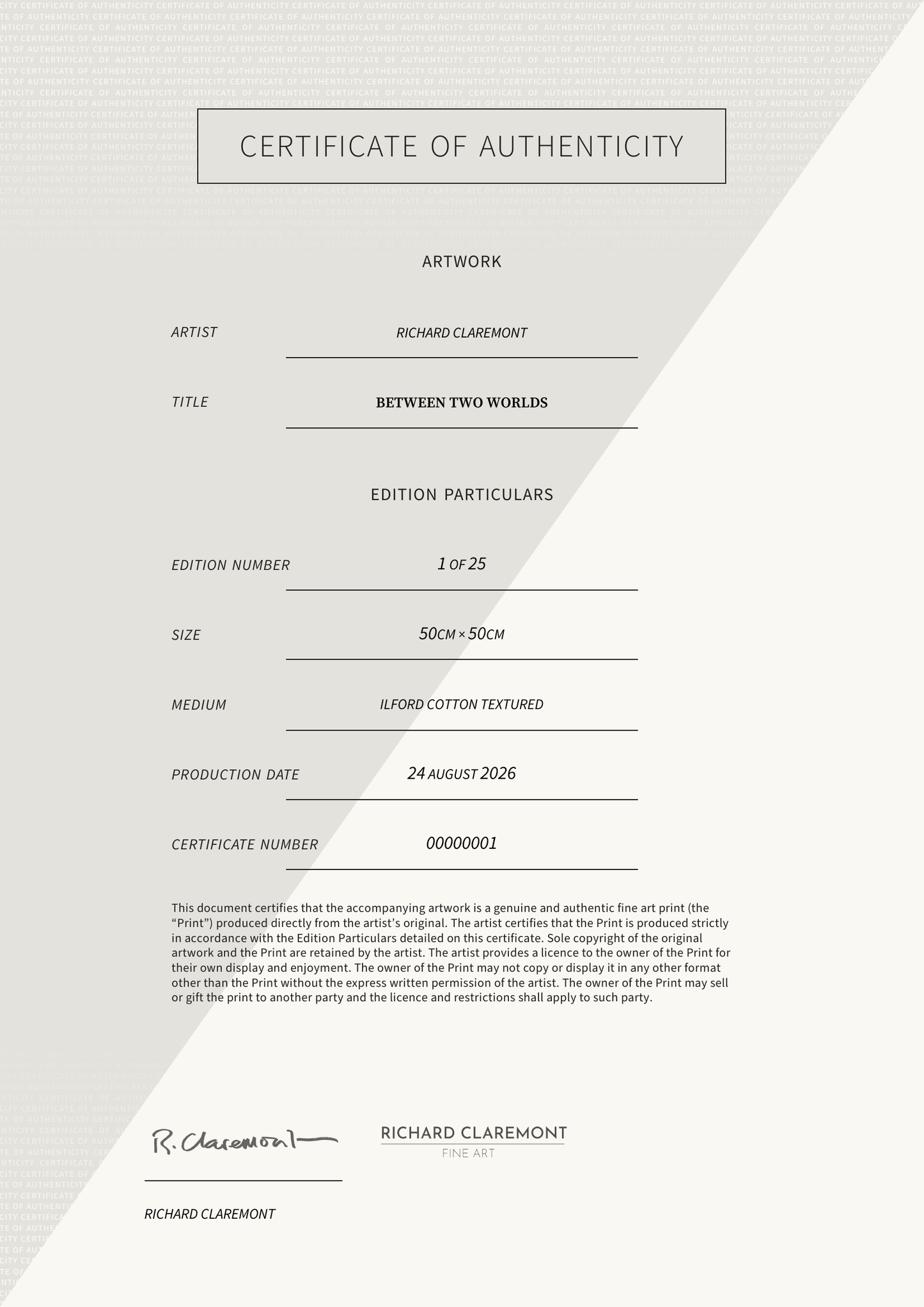 Between Two Worlds — Certificate of Authenticity