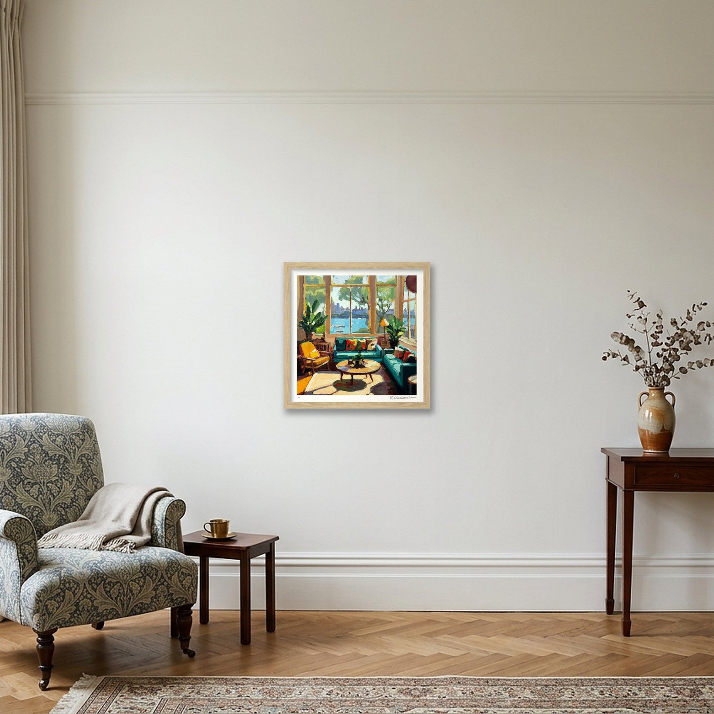 Harbour View With Green Couch — 30×30cm, 12×12" Oak Frame