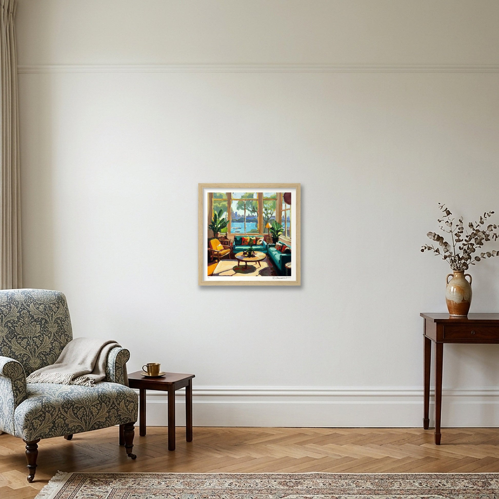 Harbour View With Green Couch — 30×30cm, 12×12" Oak Frame