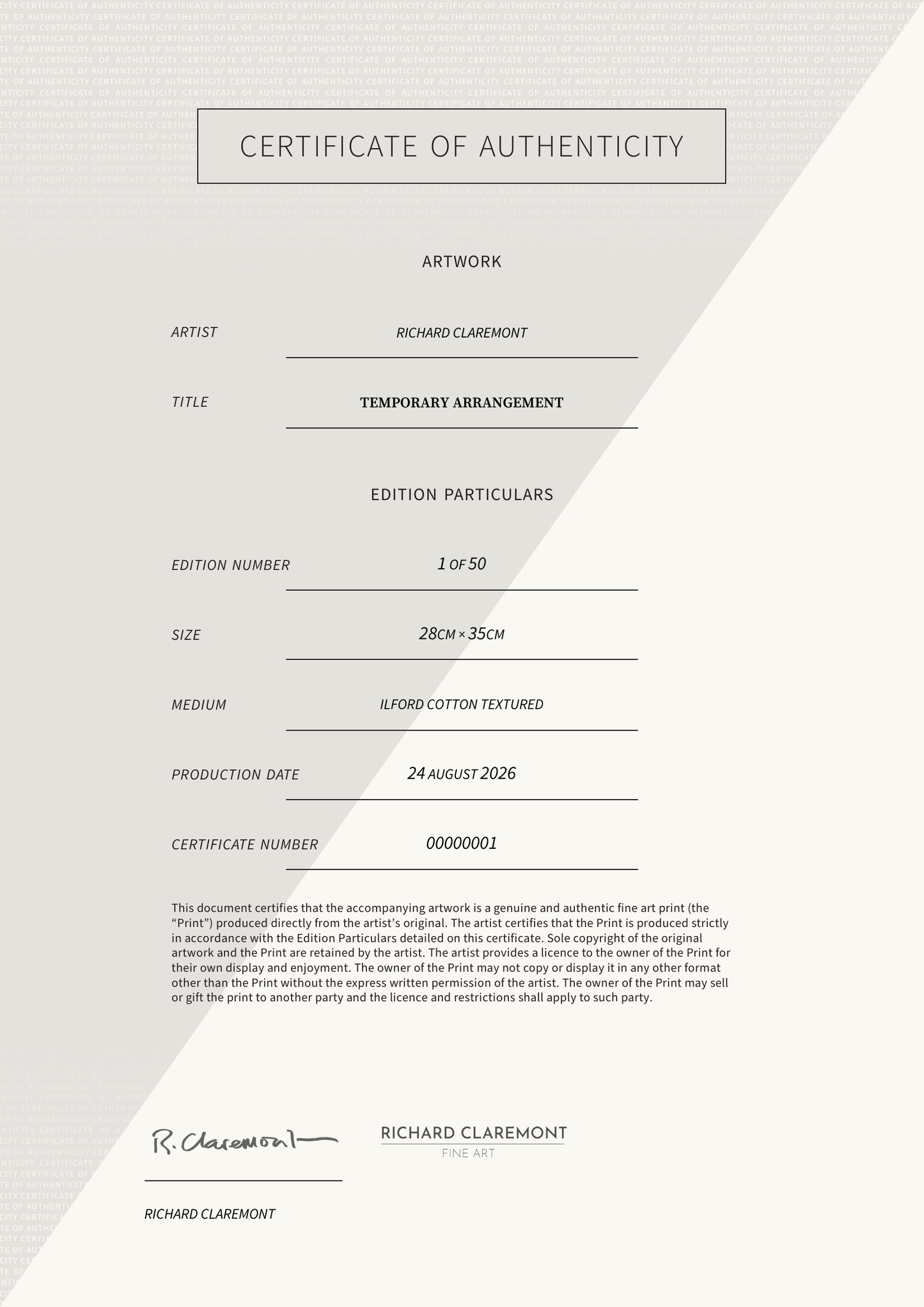 Temporary Arrangement — Certificate of Authenticity